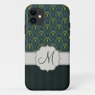 Teal Peacock Fans and Stripes with Monogram iPhone 11 Case