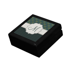 Teal Peacock Fans and Stripes with Monogram Jewelry Box