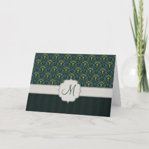 Teal Peacock Fans and Stripes with Monogram Note Card