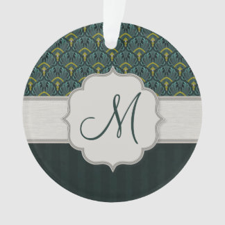 Teal Peacock Fans and Stripes with Monogram Ornament