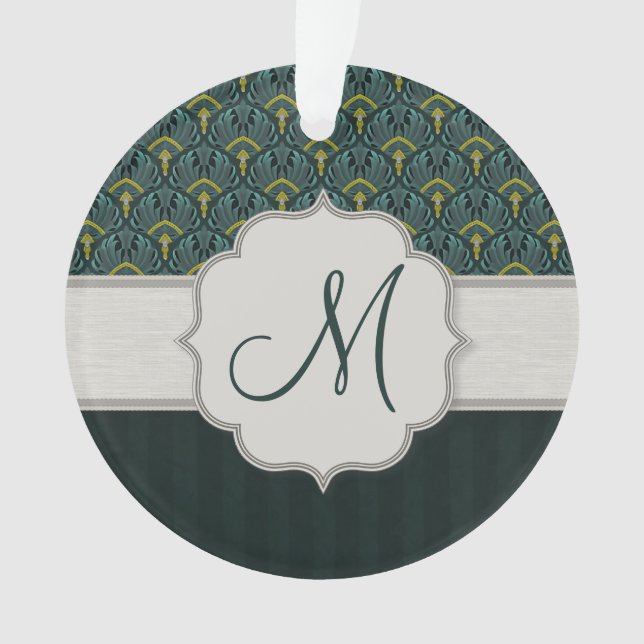 Teal Peacock Fans and Stripes with Monogram Ornament (Front)