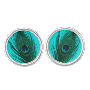 Teal Peacock Feather Cufflinks
