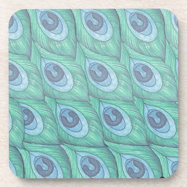 Teal Peacock Feather Pattern Design Beverage Coaster (Front)