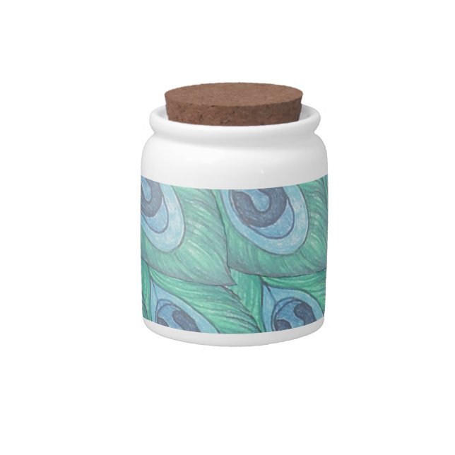 Teal Peacock Feather Pattern Design Candy Jar (Front)