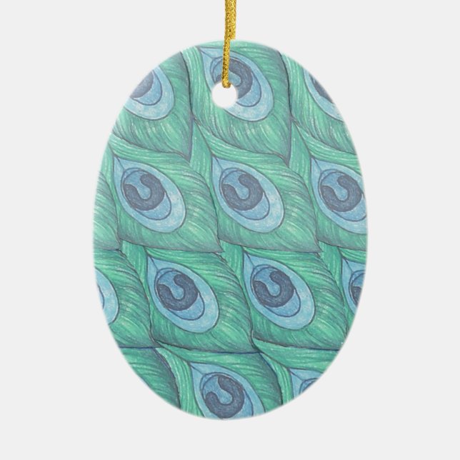 Teal Peacock Feather Pattern Design Ceramic Ornament (Front)