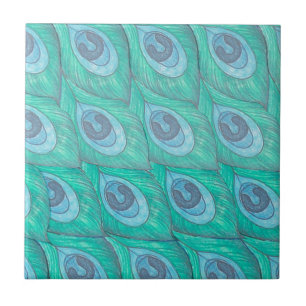 Teal Peacock Feather Pattern Design Ceramic Tile