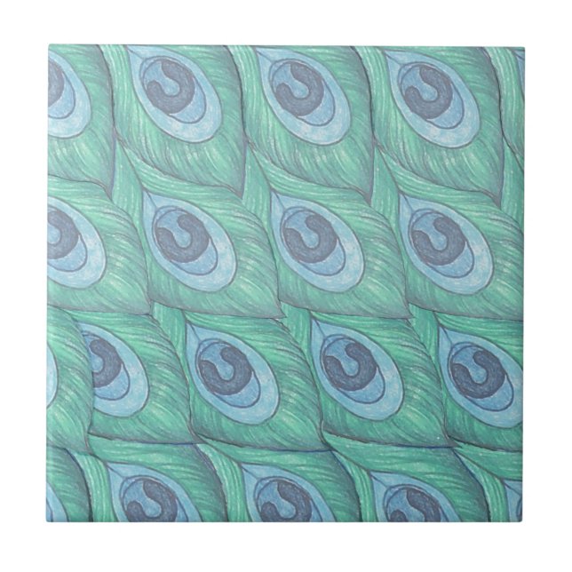Teal Peacock Feather Pattern Design Ceramic Tile (Front)