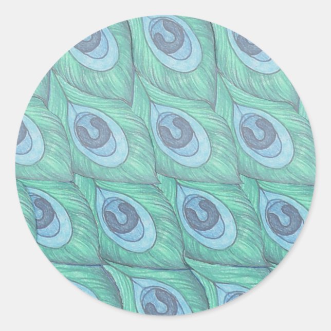 Teal Peacock Feather Pattern Design Classic Round Sticker (Front)