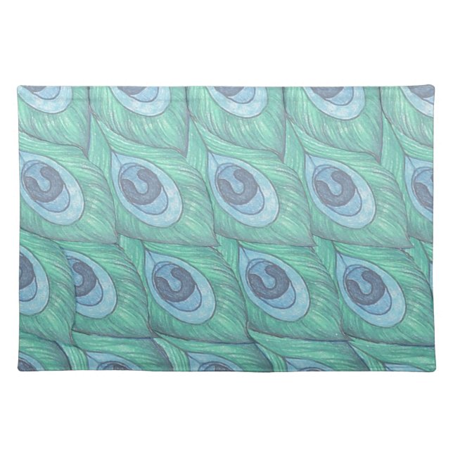 Teal Peacock Feather Pattern Design Placemat (Front)