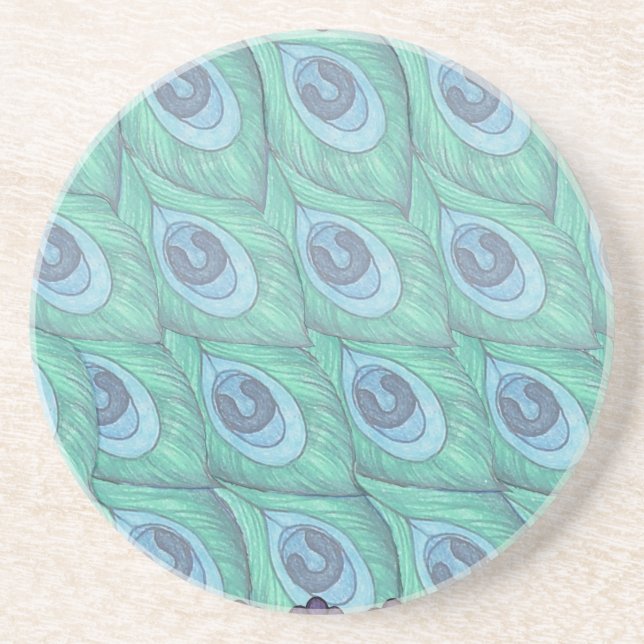 Teal Peacock Feather Pattern Design Sandstone Coaster (Front)