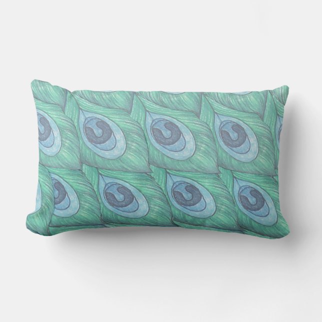 Teal Peacock Feather Pattern ~ Lite Blue Back Lumbar Pillow (Front)