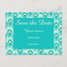 Teal peacock feather save the date
