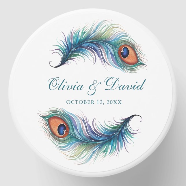 Teal Peacock Feather Script Name Wedding Mini Candle Favors (Front)