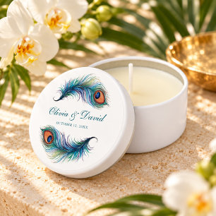 Teal Peacock Feather Script Name Wedding Mini Candle Favors