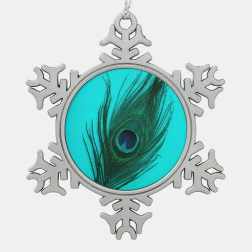 Teal Peacock Feather Snowflake Pewter Christmas Ornament