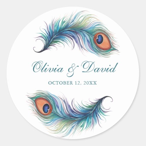 Teal Peacock Feather Wedding Classic Round Sticker