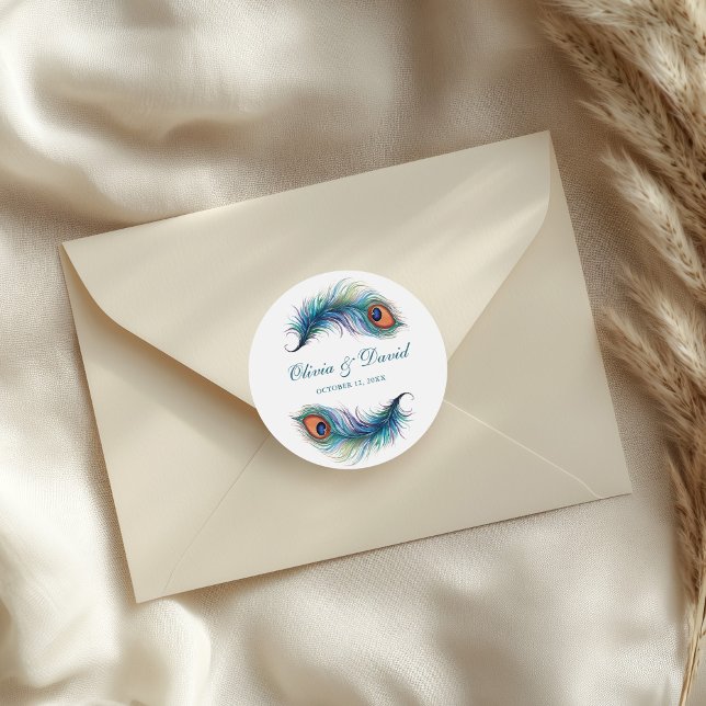 Teal Peacock Feather Wedding Classic Round Sticker (Teal Peacock Feather Wedding Classic Round Sticker on a wedding envelope.)