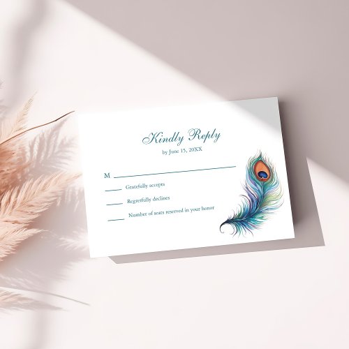 Teal Peacock Feather Wedding RSVP Card