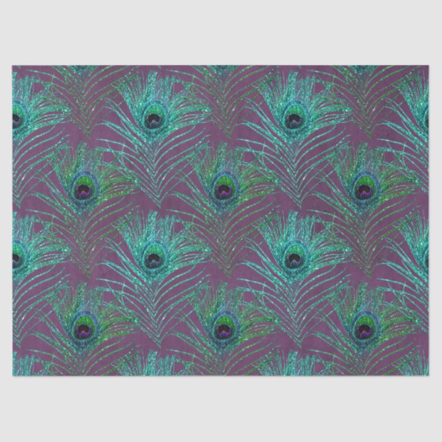 Teal Peacock Feathers on Purple Decoupage Tissue Paper (Front)