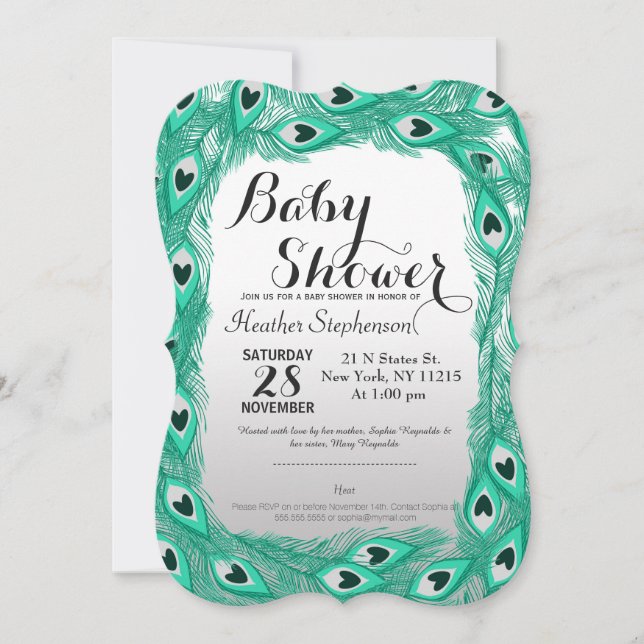 Teal Peacock Feathers on White to Gray Gradient Invitation (Front)