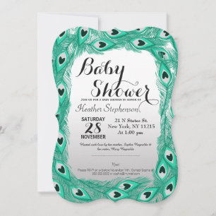 Teal Peacock Feathers on White to Gray Gradient Invitation