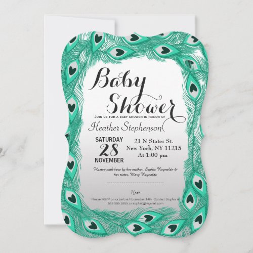 Teal Peacock Feathers on White to Gray Gradient Invitation
