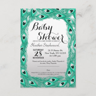 Teal Peacock Feathers on White to Gray Gradient Invitation