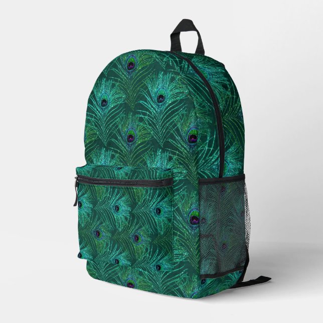 Teal Peacock Feathers Pattern  Printed Backpack (Back Corner Right)