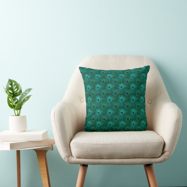 Teal Peacock Feathers Pattern  Throw Pillow (Chair)