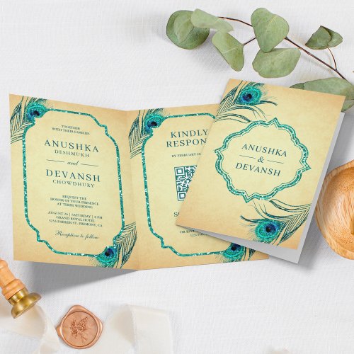 Teal Peacock Feathers QR Code Indian Wedding Invitation