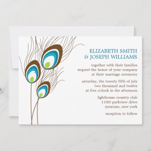 Teal Peacock Feathers Wedding Announcement