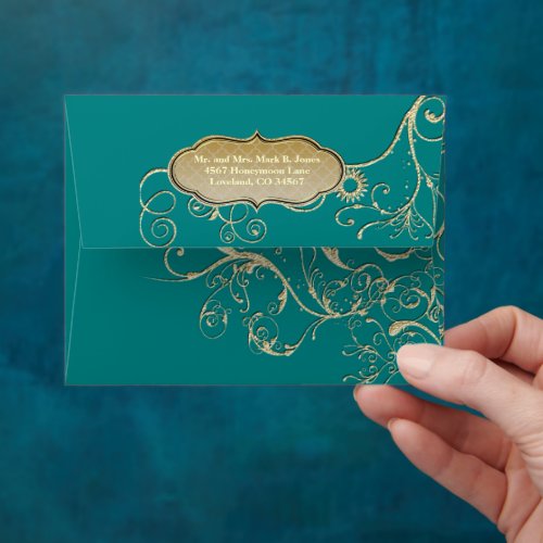 Teal Peacock Gold Swirl Wedding Envelope