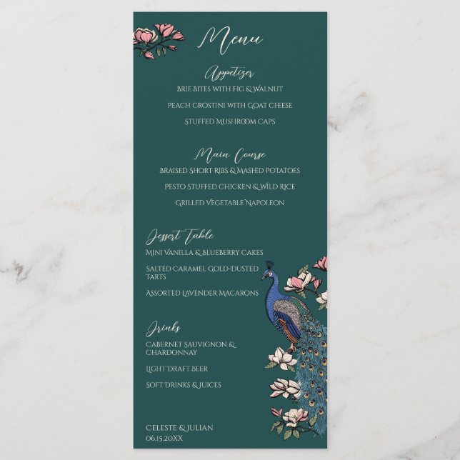 Teal Peacock Hand-Drawn Wedding Menu (Front)