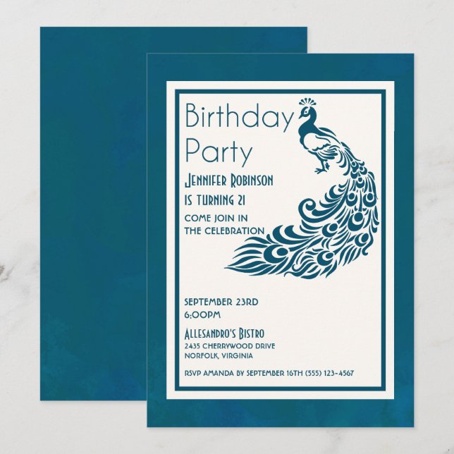 Teal Peacock l Chic Stylish Design Birthday Invitation (Front/Back)