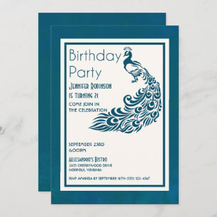 Teal Peacock l Chic Stylish Design Birthday Invitation