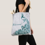 Teal Peacock Leaf Vine Bridesmaid Tote<br><div class="desc">Personalize a all over print bag for your bridesmaids with a Teal Peacock Leaf Vine Bridesmaid's Tote Bag. Tote design features a light gray grunge background with a vibrant teal peacock with a leaf vine embellishment. Personalize with the bridesmaid's name or keep the bridesmaid title. Additional wedding stationery and gifts...</div>