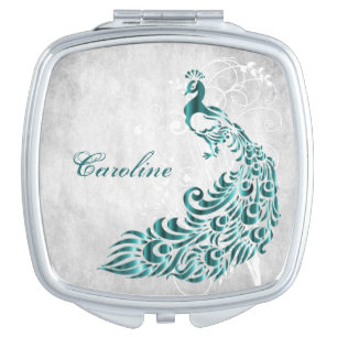 Teal Peacock Leaf Vine Compact Mirror