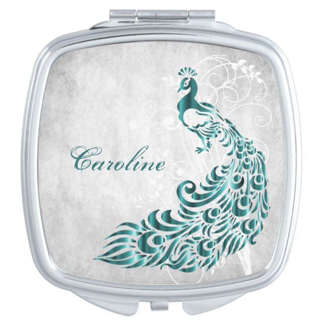 Teal Peacock Leaf Vine Compact Mirror (Front)