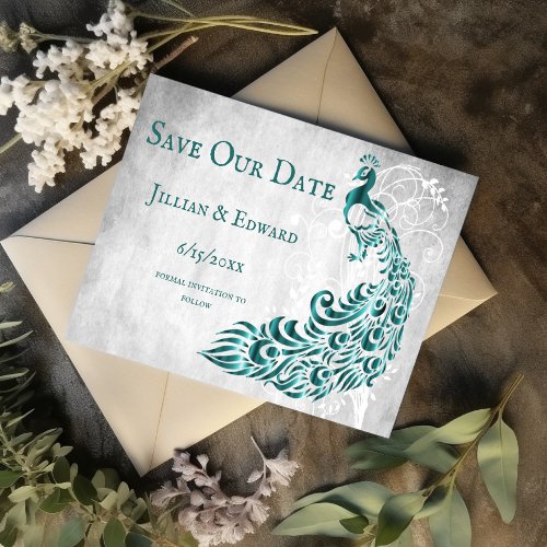 Teal Peacock Leaf Vine Save The Date Announcement