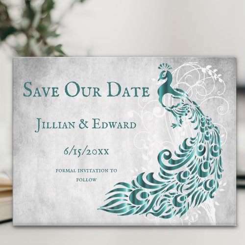 Teal Peacock Leaf Vine Save The Date Announcement