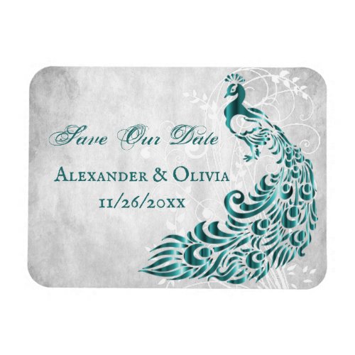 Teal Peacock Leaf Vine Save The Date Magnet