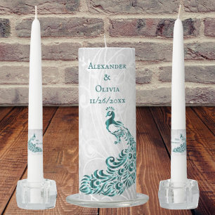 Teal Peacock Leaf Vine Unity Candle Set