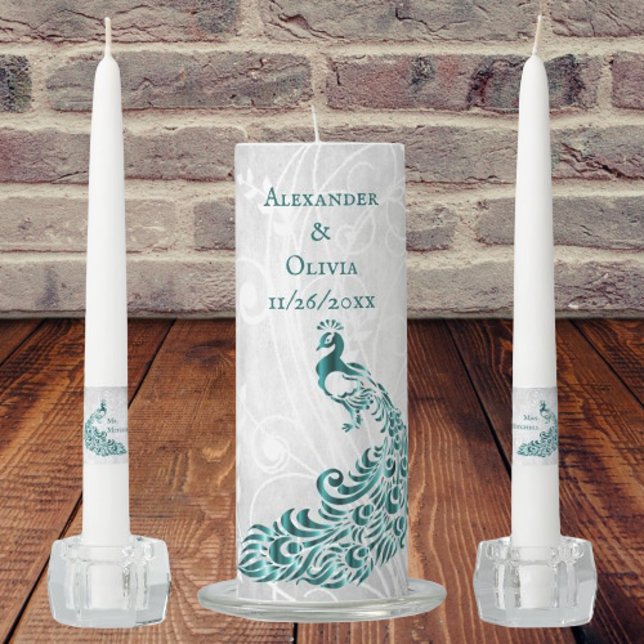 Teal Peacock Leaf Vine Unity Candle Set (Teal Peacock Leaf Vine Unity Candle Set)
