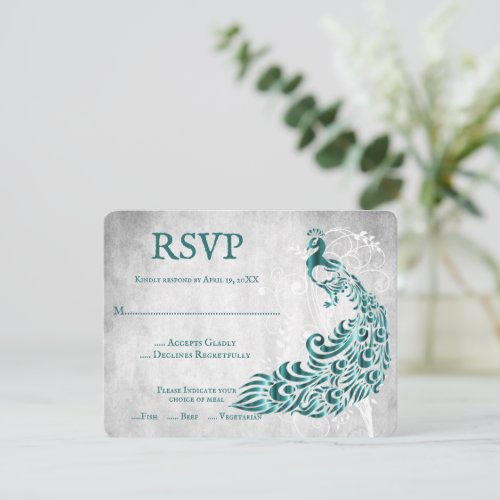 Teal Peacock Leaf Vine Wedding RSVP Card
