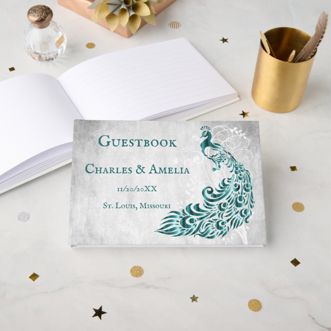 Teal Peacock Leafy Vine Wedding Guestbook (Front Open)