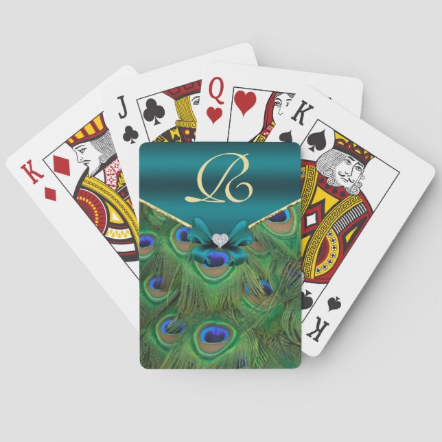 Teal Peacock Monogram Playing Cards (Back)