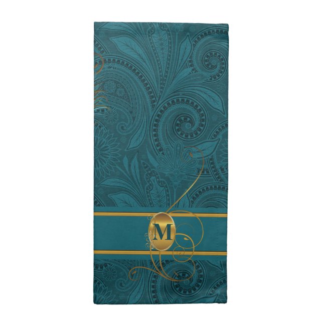 Teal Peacock Monogrammed Dinner Table Napkin (Half Fold)