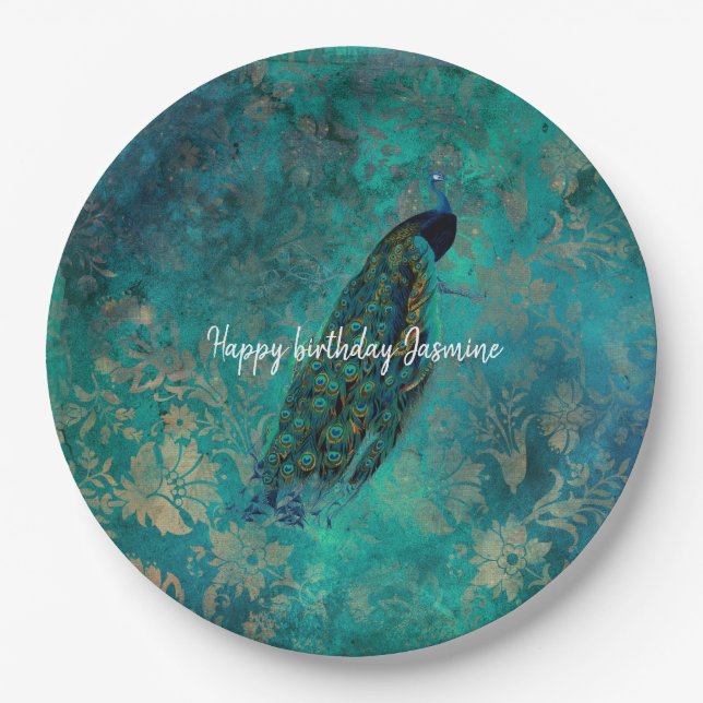 Teal Peacock Paper Plates (Front)