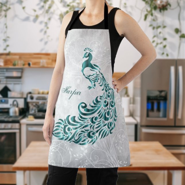 Teal Peacock Personalize Print Apron (Teal Peacock Personalized Apron)