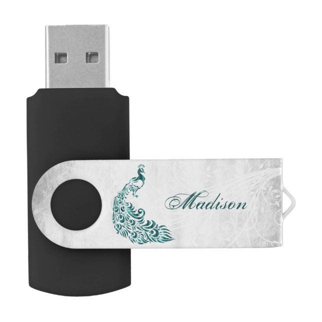 Teal Peacock Personalize USB Flash Drive (Opened)